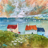 Collage art with houses, birds, and a map background