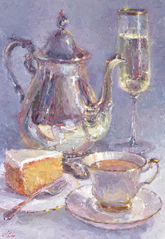 Still life painting of a silver teapot, cup, saucer, cake, and glass on a textured surface.
