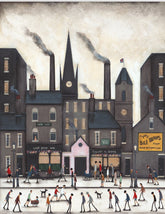 An art print depicting a bustling historical street scene with people walking in front of industrial buildings, smokestacks, and a church spire under a textured cream sky.