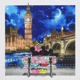 Collage of a colorful bench with cartoon character design in front of a night scene with Big Ben.