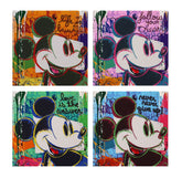 Four colorful notebooks with Mickey Mouse designs and motivational phrases on a white background.