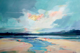 Abstract landscape painting with a colorful sky and water.