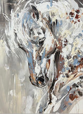 Abstract painting of a horse's head with swirling patterns in neutral colors.