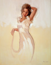 Woman in a flowing white dress against a soft yellow background