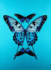 An art print featuring three blue and black butterflies arranged symmetrically on a bright turquoise background.
