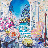 Colorful painting of a balcony with flowers, table, and chair.