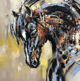 Abstract painting of a horse's head with dynamic brush strokes on a beige background