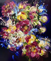 Colorful abstract floral painting on a black background