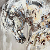 Abstract painting of a horse's head with a dynamic use of color.