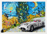 artwork in the style of vincent van gogh's night sky - featuring swirls, a crescent moon, bird, security camera in background and vincent van gogh in silver sport car with pink interior
