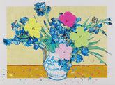 pink,yellow and green iris flowers in a white and blue vase with the text follow your dreams, vincent, set against a yellow background with paint splatters.