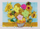 sunflower flowers in a yellow vase set against a light blue background with paint splaters.