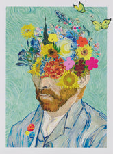 flower portrait in the style of Vincent van Gogh on light green background
