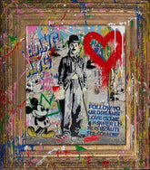 Artistic collage with a stylized figure, cartoon character, and text on a textured background.