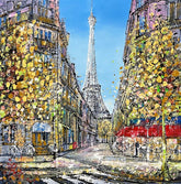 Colorful street scene with the Eiffel Tower in the background