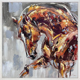 An expressive painting of a horse in profile, rendered with thick brushstrokes in warm brown, orange, gold, and deep red tones against a soft gray and white background.