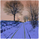 A framed artwork depicting a snowy countryside landscape with a clear sky and a rising or setting sun, featuring leafless trees on both sides of a road.