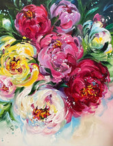 Colorful floral painting with vibrant pink, yellow, and green flowers.