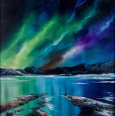 Aurora borealis over a lake with mountains in the background