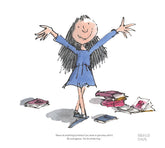 illustrated character with arms outstretched surrounded by books, with a quote from Roald Dahl.