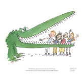 illustrated crocodile with children on a white background, featuring text from Roald Dahl.