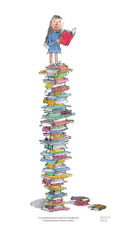 Illustration of a girl standing on a stack of books, reading one, with a white background.