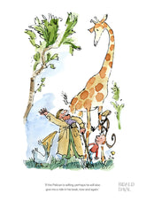 illustration of man surrouned by a giraffe, pelican, monkey and boy next to a tall tree.