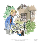 illustration of a woman and girl talking outside in front of a house and metal gate surrounded by shrubs.