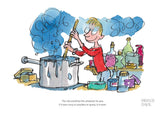 illustration of a child mixing ingredients in a large metal pot surrounded by bottles.