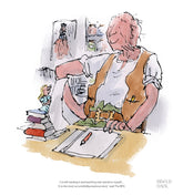 illustration of bfg and small girl sitting at a desk reading papers