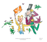 Illustration of a man and child with a large orange ticket, surrounded by flowers and leaves.