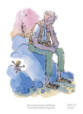 illustration of l giant man sitting on top of a large rock talking to a small child.