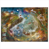 Colorful painting of a coastal scene with boats, a lighthouse, and houses.