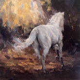 oil painting of white horse walking away surrounded by golden light