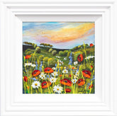 Framed painting of a field with red poppies and white daisies under a colorful sky.