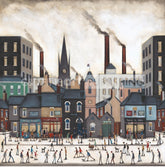 A stylized painting of a bustling industrial town square with factories, smokestacks, a church spire, and many small figures of people walking and gathering in the foreground.