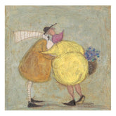 Illustration of two characters hugging on a textured background