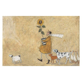 illustration of a figure carrying a sunflower surrounded by dogs.