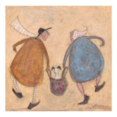 Two stylized figures with large, colorful bodies on a textured beige background