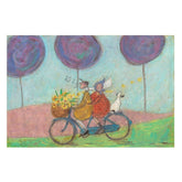Two people on a bicycle with a dog, surrounded by large lollipops and flowers, in a whimsical setting.