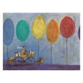 illustration of a man with dogs on a bike under large colourful circular trees.