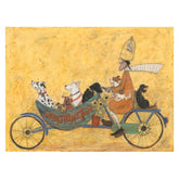 Illustration of a person riding a bicycle with dogs in a cart on a textured yellow background