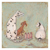 Artistic illustration of three dogs around a table with small cake on a textured background