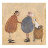 Illustration of two people and a dog in a basket on a textured beige background