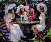 Artistic depiction of three women in elegant hats and dresses at a table, surrounded by other people in formal attire.