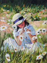 Painting of a young girl in a sun hat sitting among flowers
