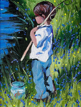 Painting of a child with a fishing rod in a natural setting