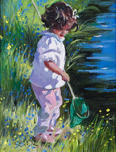 Painting of a child in a garden holding a green net.
