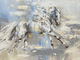 Abstract painting of two horses rearing on a textured background
