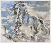 An abstract painting of a horse in motion, rendered with expressive brushstrokes in blue, white, gray, beige, and black. The horse is depicted from the chest up, with dynamic, flowing forms and a light gray border around the artwork.